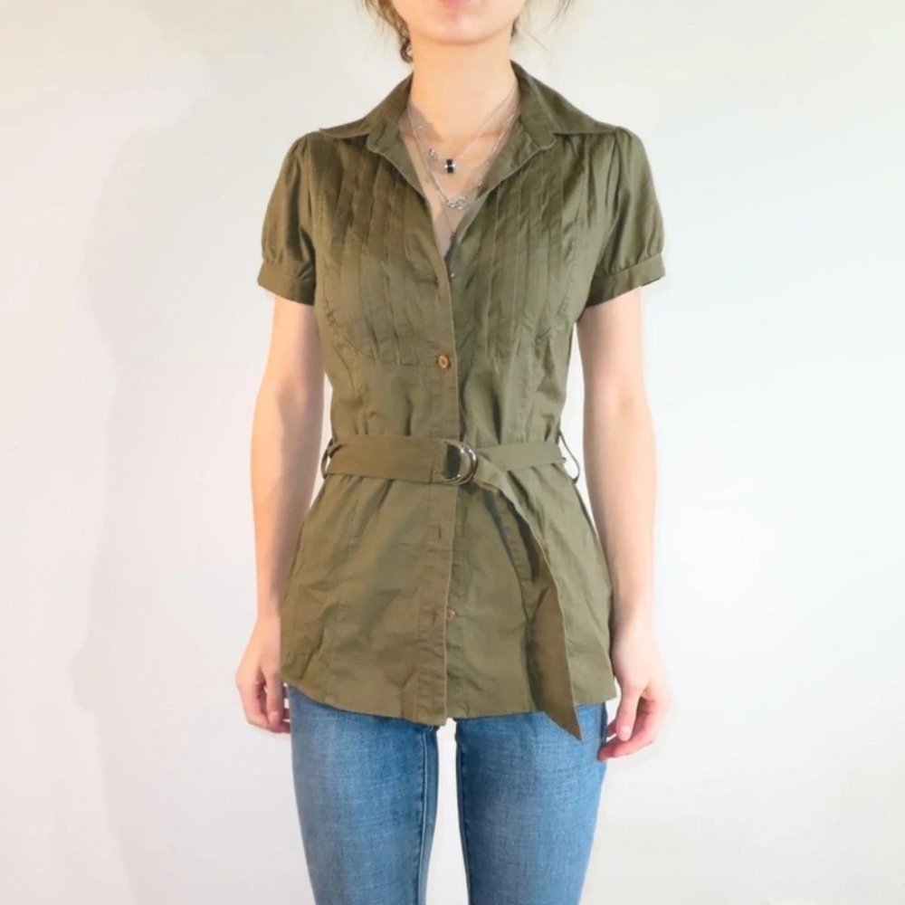 Charlotte Russe Khaki Belted Button Down Shirt